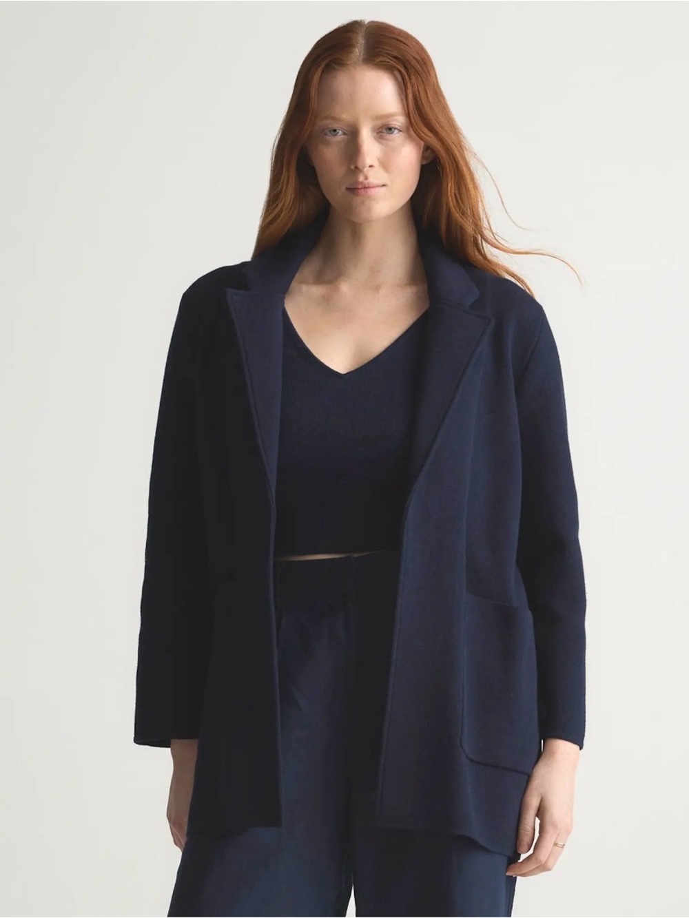 Quince Navy Open-Front Knit Blazer